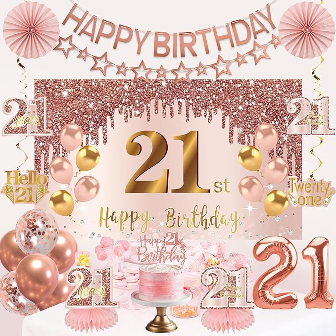 21st Birthday Decorations for Girls, Pink Rose Gold Happy 21 years old Birthday Banner Backdrop Balloons Sash Table Cake Topper Honeycomb Centerpieces Hanging Swirls Paper Fans Party Supplies