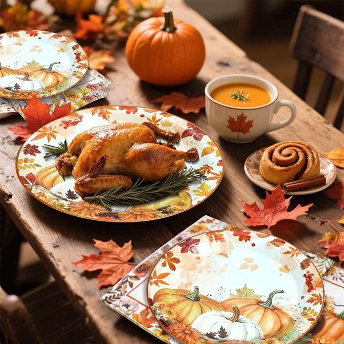 180 Pcs Fall Paper Plates and Napkins,Thanksgiving and Pumpkin Plates Disposable Dinnerware Set for Autumn Thanksgiving Party Supplies,Serve 60 Guests