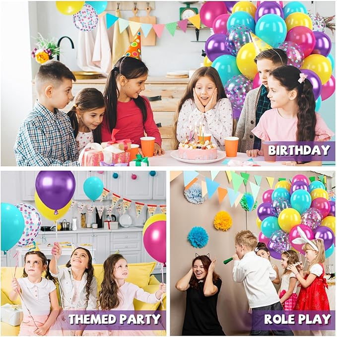 Paready Pink Blue Purple Balloons, 50 PCS Rainbow Party Balloons, 12 Inch Hot Pink Teal Blue Metallic Purple Yellow Confetti Balloon for Girls Magic Theme Baby Shower Birthday Wedding Party Decoration