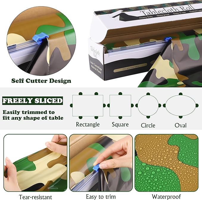 Kochorie Camo Tablecloth Roll 100 Ft X 54 Inch Camouflage Table Cover with Cutter Box Disposable Plastic Camo Table Cover Party Tablecloth Decorations for Camouflage Themed Party Supplies