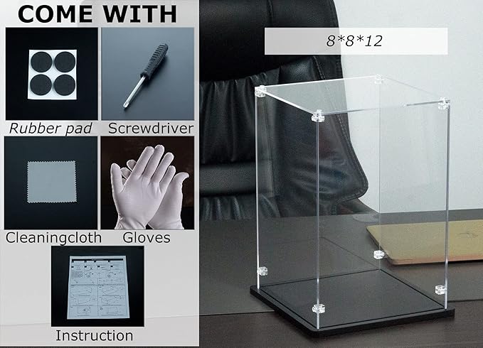 Acrylic Display Case 8x8x12 inch - 3mm Thick Acrylic Display Box with Black Wooden Base, Assemble Dustproof Showcase Clear Display Case for Collectibles Figures Lego Helmet Doll Toys Models