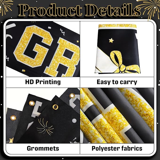 Graduation Banner Class of 2026 - Large Congrats Grad Yard Sign 2026 Black Gold Congrats Grad Banner Fence Yard Sign for Graduation Decorations Party Supplies