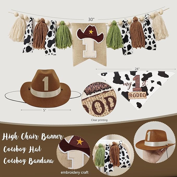 Western Cowboy 1st Birthday Decorations, My First Rodeo Birthday Party Supplies, Cowboy Balloon Arch Backdrop High Chair Banner ONE Box for Boys One Year Old Party