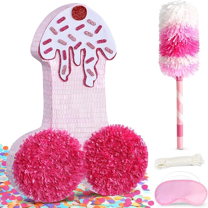 Pink Pinata for Bachelorette Party Decorations - Funny Lingerie Piñata for Bridal Shower, Hen Party, Breast Cancer Awareness Event, Girls Night Out - Includes Stick, Mask & Confetti