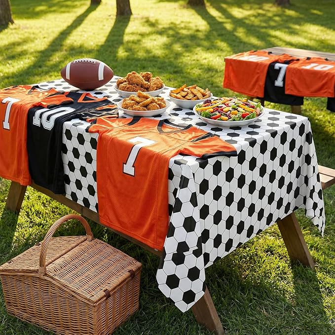Oudain 6 Pcs Soccer Party Tablecloth 54 x 108 Inch Rectangle Football Table Cloth Disposable Plastic Sport Themed Table Covers for Soccer Day Birthday Party Supplies Favors (Black, White)