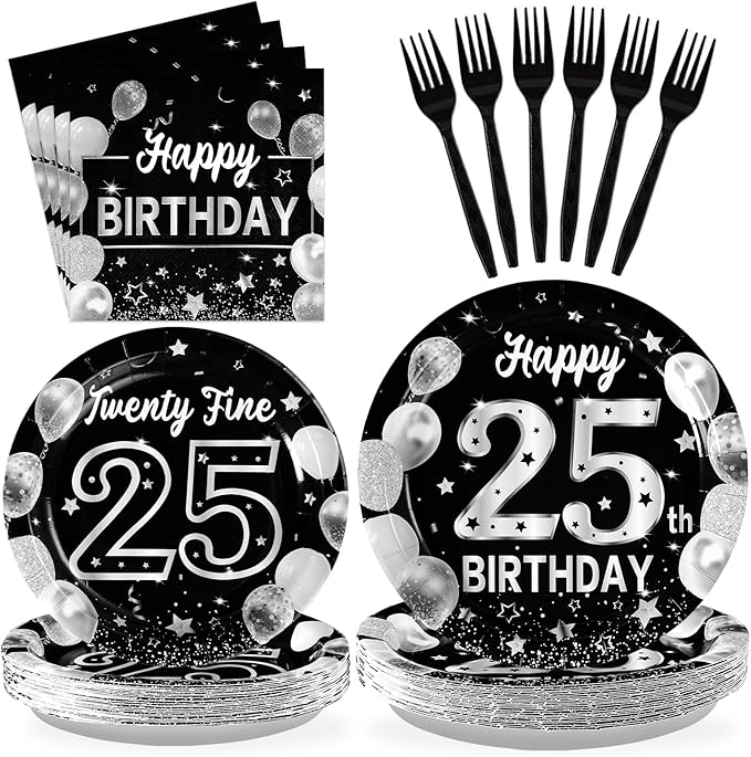 Grencian 96Pcs 25th Birthday Decorations for Men Women Black Silver 25th Birthday Party Plates Disposable Paper Tableware Set for Women Men Happy 25 Year Old Party Supplies, Serves 24