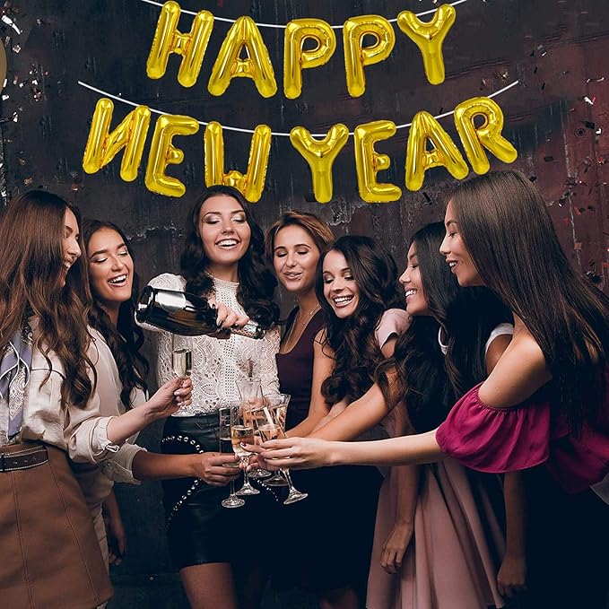 TONIFUL Gold Happy New Year Balloons 16 Inches Mylar Foil Letter Sign Banner balloon For 2025 New Years Eve Party Anniversary Decor Home Party Decorations