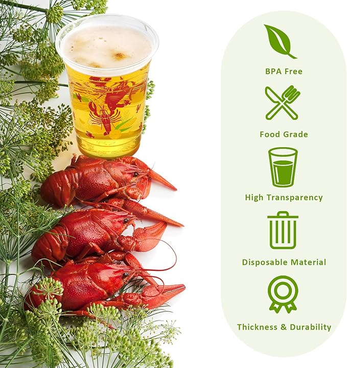 Kochorie 16 Oz Plastic Crawfish Boil Cups 60 Pcs Crawfish Party Supplies Clear Cups Plastic Drinking Cup Lobster Cups Crawfish Boil Party Cups for Lobster Seafood Party Birthday Decoration