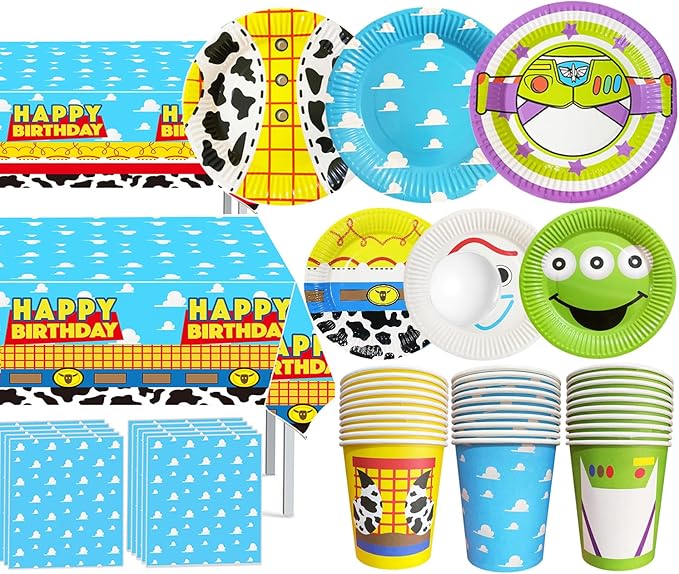 Cartoon Story Birthday Party Supplies 2nd Bday 134pcs Two Infinity and Beyond Birthday Decorations include Plates Napkins Cups Tablecloth Banner for Boys 1st 2nd 3rd 4th 10th Bday Serve 30 Guest