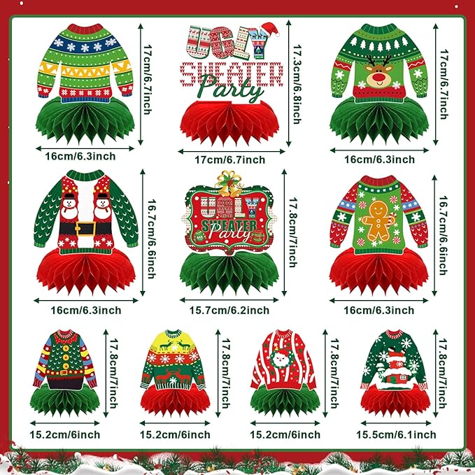 10 Pcs Christmas Ugly Sweater Party Decorations Honeycomb Centerpieces,3D Xmas Table Toppers Christmas Ugly Sweater Table Decor for Winter Holidays Party Supplies