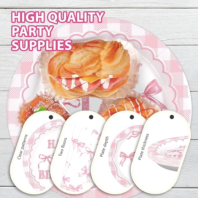 96Pcs Pink Bow 1st Birthday Party Decorations Cute Coquette Birthday Plates and Napkins Pink and White Gingham Plaid Tableware Sets for Girls Baby Shower Picnic BBQ 1st Birthday Party Supplies Serve24