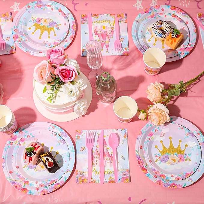 Meanplan 168 Pcs Princess Party Decorations Princess Plates and Napkins Castle Disposable Tableware Set for Girls Baby Shower Princessed Castle Birthday Party Supplies Serves 24 Guest
