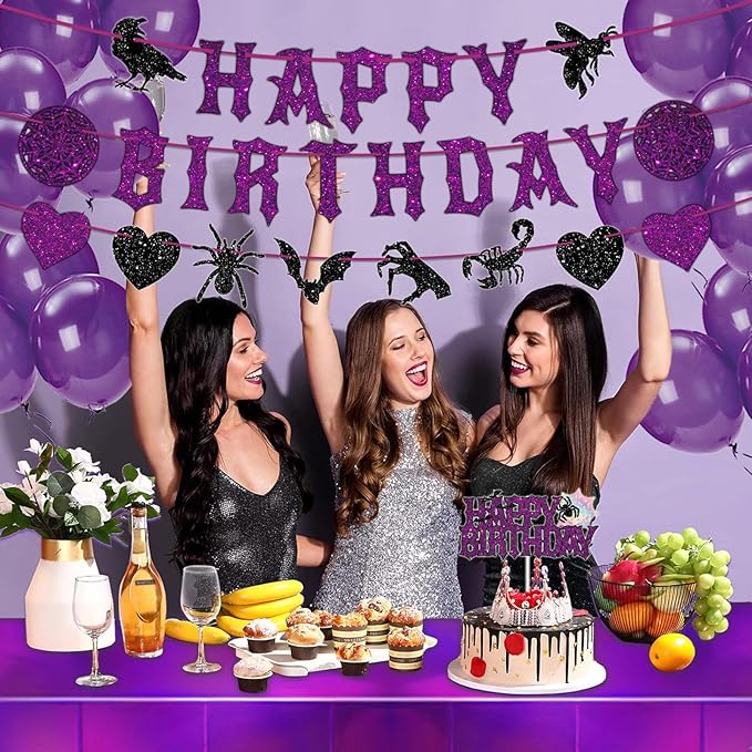 Purple and Black Birthday Decorations, Halloween Birthday Party Decorations Gothic Decor, Black Purple Glitter Spooky Photo Booth Prop Backdrop for Girls, Gothic Inspired Party Supplies Set Include Banner, Cake Toppers, Tablecloth 54" x 108"