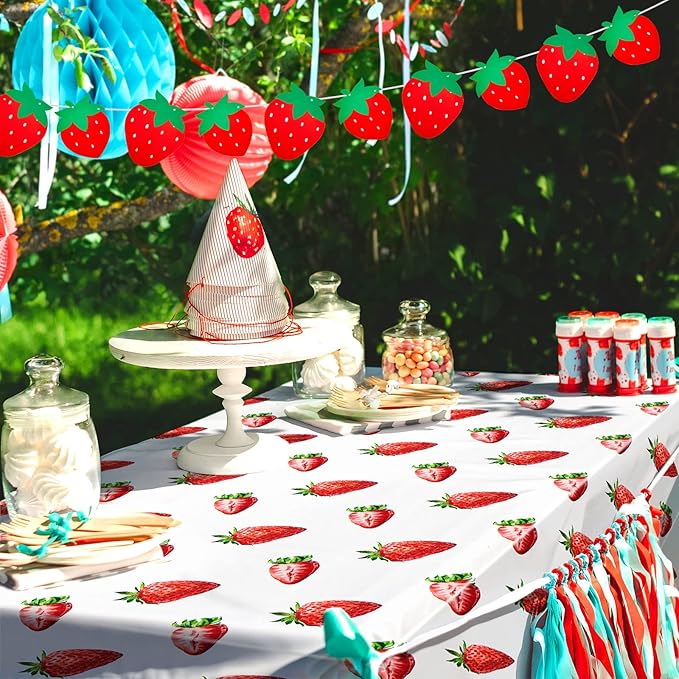 Flutesan 4 Packs Strawberry Party Decorations Strawberry Tablecloth and Banner Set 2 Table Covers, 86 x 51 Inch, 2 Hanging Banners for Birthday Summer Fruit Theme Baby Shower Party Supplies