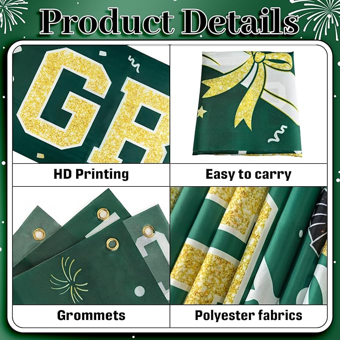Graduation Banner Class of 2026 - Large Congrats Grad Yard Sign 2026 Green Gold Congrats Grad Banner Fence Yard Sign for Graduation Decorations Party Supplies