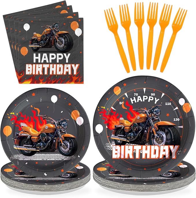 96Pcs Motorcycle Birthday Party Decorations Dirt Bike Birthday Paper Plates and Napkins Sets Black and Orange Dirt Bike Motorbike Decorations for Boys Motorcycle Theme Bday Party Supplies Serves 24
