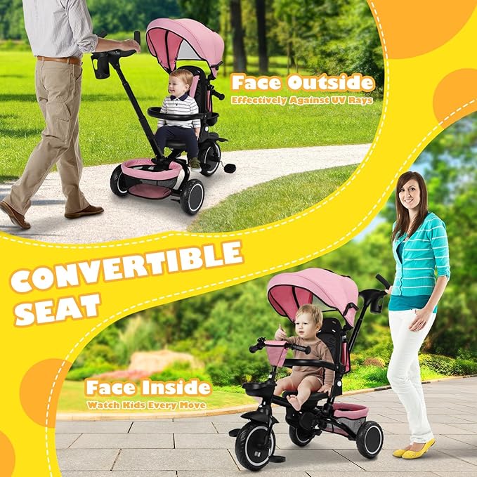 Folding Kids Tricycle, 8 in 1 Toddler Trike W/Removable & Adjustable Canopy, Parent Handle, 5-Piont Harness, Toddler Bike Tricycle for Kids 1-6 Years, EVA Wheels, Storage Basket, Pink