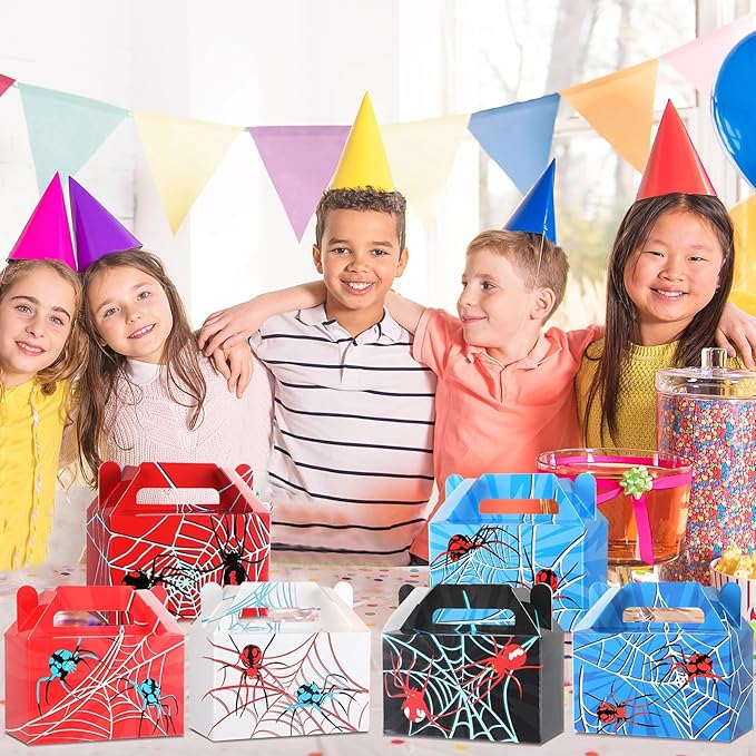 12Pcs Spider Party Favors Boxes Spider Web Paper Treat Box Birthday Supplies Red Blue Black Color Goodie Gift Boxes for Kid Boy Birthday Baby Shower Game Party Table Decoration 6 x 3.5 x 3 inches