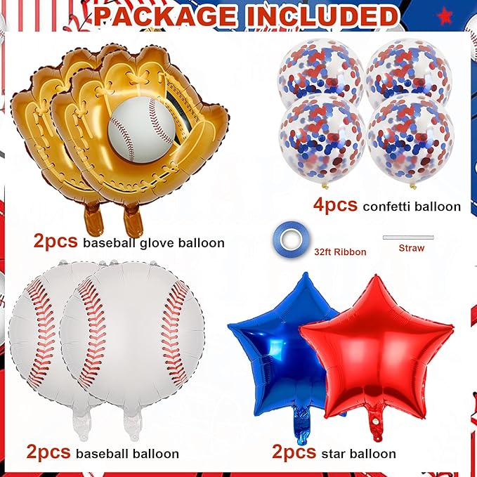 Baseball Birthday Party Balloons, 32 Inch Navy Blue Foil Number 7 Balloon, Baseball Glove Foil Balloon, Red Blue Star Confetti Balloon for 7th Birthday Sports Theme Party Supplies