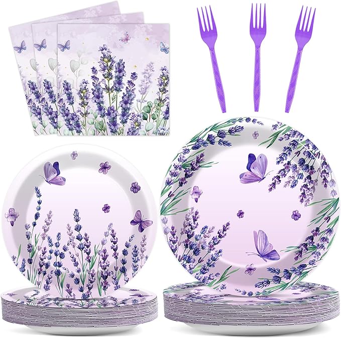 96 Pcs Purple Party Supplies Lavender Paper Plates Napkins Watercolor Floral Cake Dessert Tableware Set Butterfly Dinnerware for Spring Summer Birthday Party Shower Decoration Serve 24