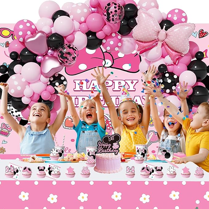288 PCS Pink Mouse Birthday Decorations Serves 20 Guests Mouse Theme Party Decorations Include Balloons, Tablecloth, Backdrop, Cake Topper, Paper Plates and More Party Supplies for Girls