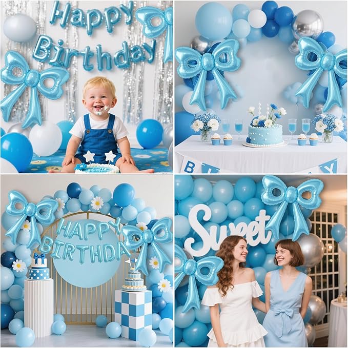 4 Pcs Blue Bow Balloons, 31”Huge Bow Aluminum Foil Balloons for Birthday, Baby Shower, Wedding, Bridal, Engagement, Bachelorette, Princess, Coquette Party Decorations Supplies