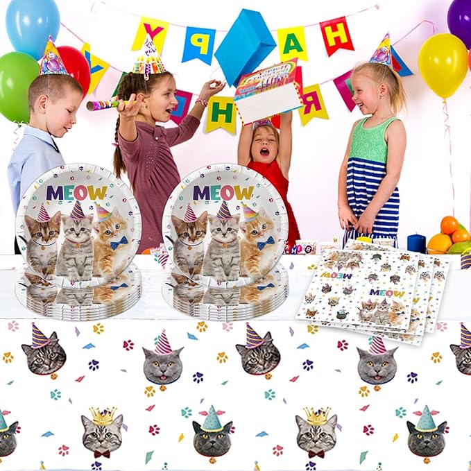 41pcs Cat Party Supplies ,include 20 Plates, 20 Napkin and 1pcs Tablecloth,Used for Birthday Party Decoration