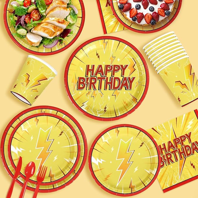 168 Pcs Lightning Bolt Birthday Party Decorations Lightning Paper Plates and Napkins Yellow Red Cartoon Tableware Set for Light Birthdays Baby Shower Party Supplies, Serves 24