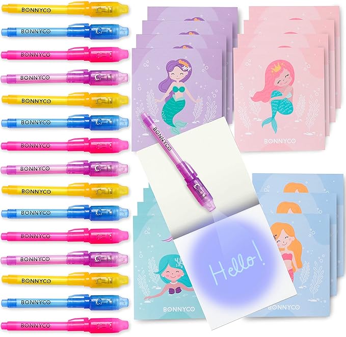 BONNYCO Invisible Ink Pen and Notebook Pack 16, Mermaid Party Favors for Kids. Magic Spy Pen Goodie Bags Stuffers for Kids, Mermaid Party Supplies. Goody Bag Stuffers, Return Gifts Birthday Prizes
