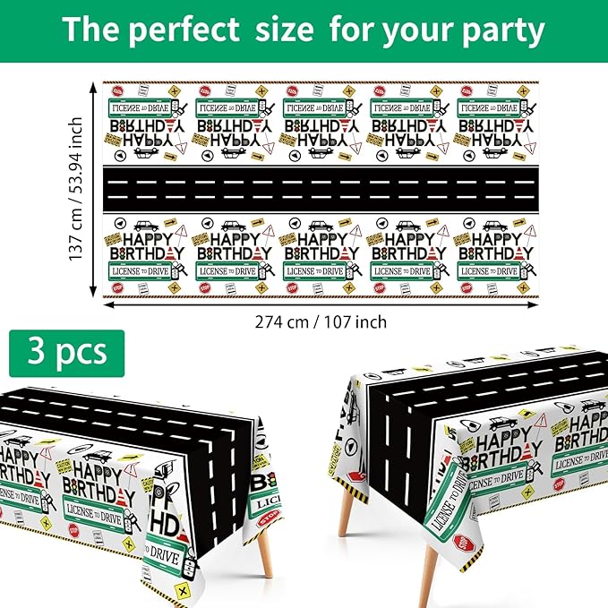 3Pcs Drivers License 16th Birthday Plastic Tablecloth 16th Car Theme Table Cover Waterproof New Driver Car Road 16th Table Cloth for Learner Driver 16 Years Old Party Decorations 54 x 108 Inch