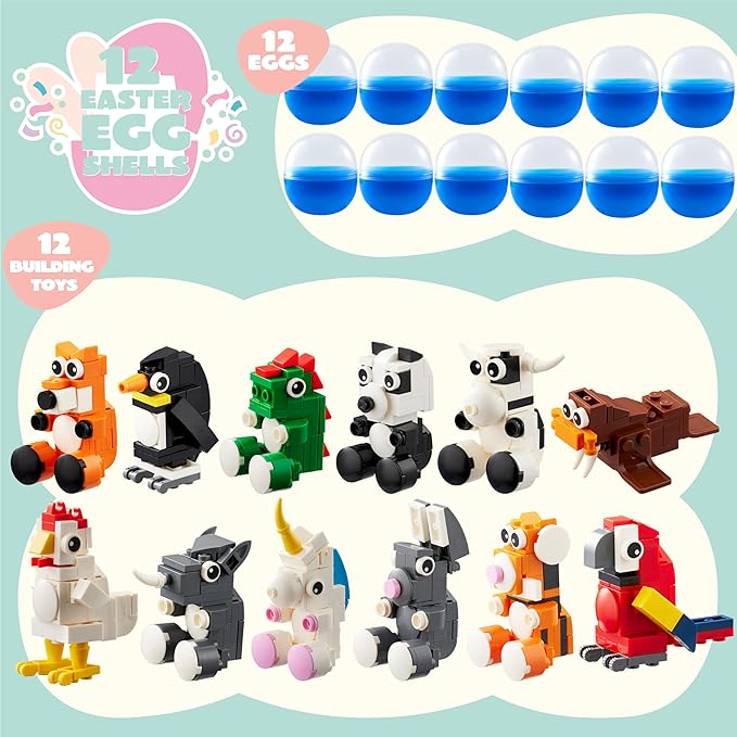 JOYIN 12 Pcs Easter Eggs Hunt Prefilled with Adorable Animal Building Blocks for Easter Party Favors, Easter Basket Stuffers, Classroom Prize Supplies