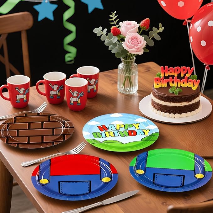 60Pcs Super Theme Brother Birthday Paper Plates 9" Heavy Duty Disposable Bros Theme Dessert Platters Cartoon Video Games Party Decorations Favors for Boys Kids Baby Shower Bro Birthday Party Supplies