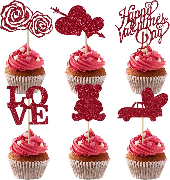 Valentines Cupcake Toppers, 24 PCS Happy Valentines Cupcake Toppers, Glitter Red Heart Love Bear Cupcake Picks Food Picks Toppers Cake Decorations for Valentine's Day Party Decorations Supplies