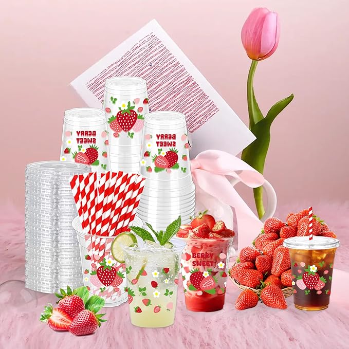 50 Pcs Strawberry Plastic Cups with Lids and Straws, 12 oz Strawberry Disposable Party Drinking Cups for Summer Spring Party Birthday Baby Shower Supplies
