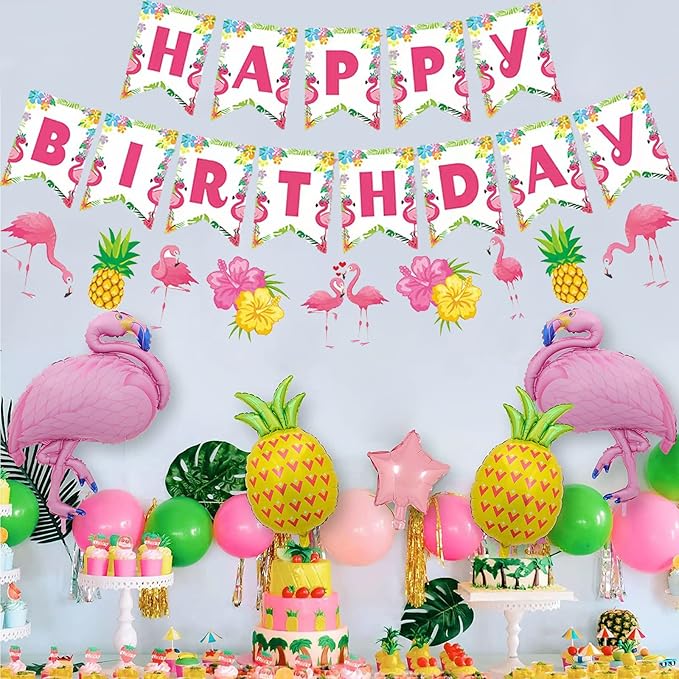 Zwiebeco Flamingo Happy Birthday Party Decoration Tropical Hawaiian Summer Supplies Pineapple Banner Bunting Garland for Kids Adults Aloha Luau Theme Accessories