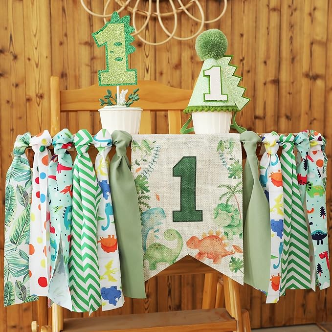 Dinosaur Theme 1st Highchair Banner Tassel Garland Dino Conical Cap Cake Topper Green First Dinosaur Birthday Decorations