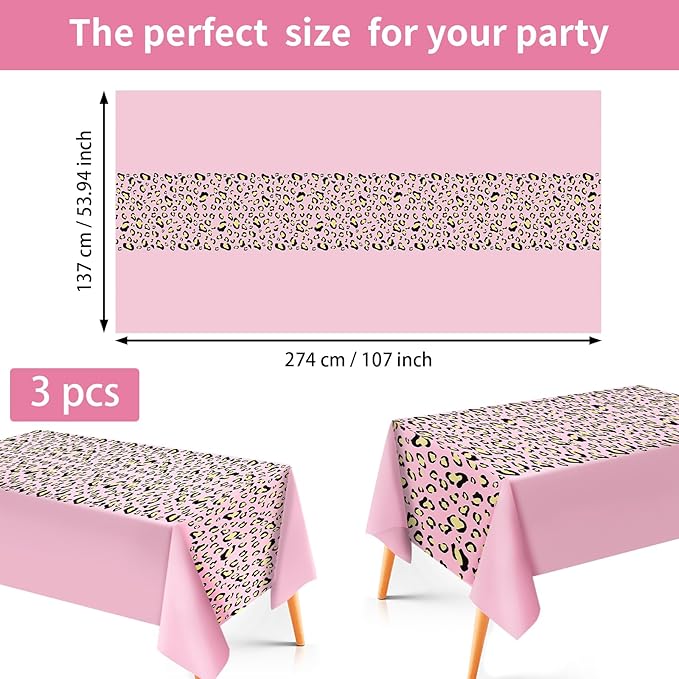 Grencian 3Pcs Cheetah Print Tablecloth Pink Leopard Print Table Cover Plastic Rectangle Leopard Table Cloth for Jungle Safari Animal Cheetah Birthday Baby Shower Party Decorations, 54 x 108 inch