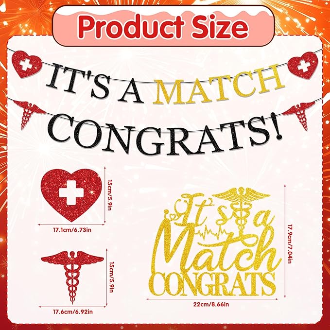 Rakuto Happy Match Day Party Decorations, 3PCS It's a Match Congrats Pre-Strung Banners Party Decorations, Medical School Graduation Cake Toppers Birthday Decor Supplies for Congrats Doctor