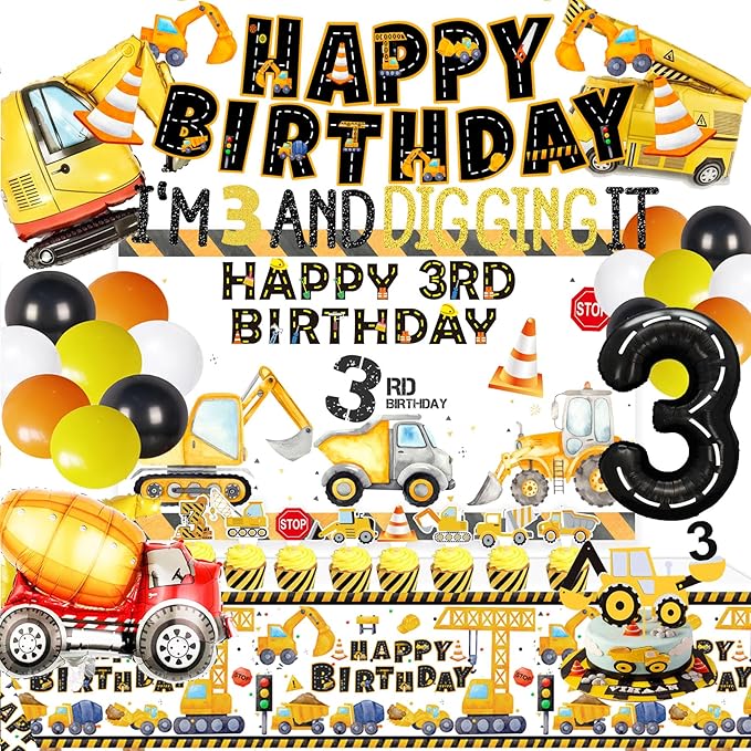 90 Pcs Dump Truck Party Decorations for Boys Baby .Construction 3rd Birthday Party Supplies，Construction 3rd for Boys, Construction Birthday Party Supplies for 3 Year Old Boy