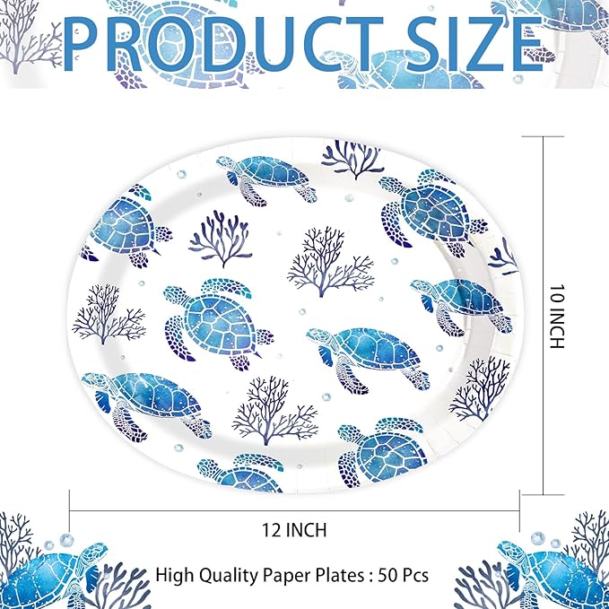 50 Pcs Sea Turtle Oval Paper Plates 10" x 12" Large Heavy Duty Disposable Blue Ocean Coastal Turtle Coral Dessert Plates Platters for Summer Beach Under the Sea Turtles Birthday Party Decorations ﻿