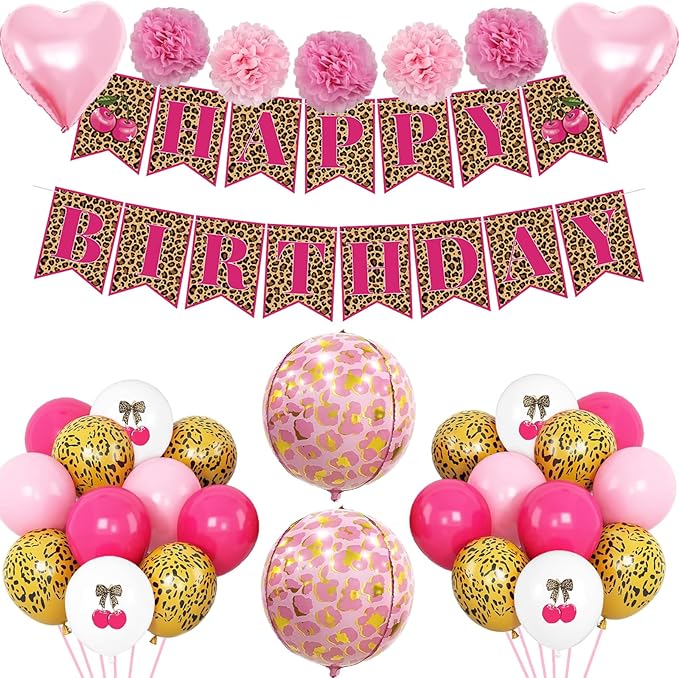 Pink Cheetah Print Birthday Decorations Leopard Foil Cherry Print Balloons Happy Birthday Banner with Heart Balloons for Women Baby Shower Safari Wild Birthday Theme Party Supplies