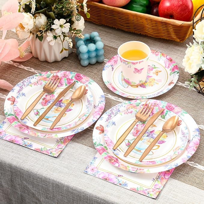 350 Pcs Tea Party Supplies Spring Summer Tea Party Tableware Set Disposable Plates Napkins Paper Cups Plastic Cutlery Set for Birthday Bridal Baby Shower Serves 50