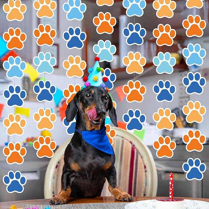 Duraaamo 8 Packs Dog Party Banner Decorations Blue Paw Print Paper Garland Dog Birthday Paper Hanging Cutouts Colorful Paw Banners for Lets Pawty Pet Birthday Party Supplies Decor(Light Paws)