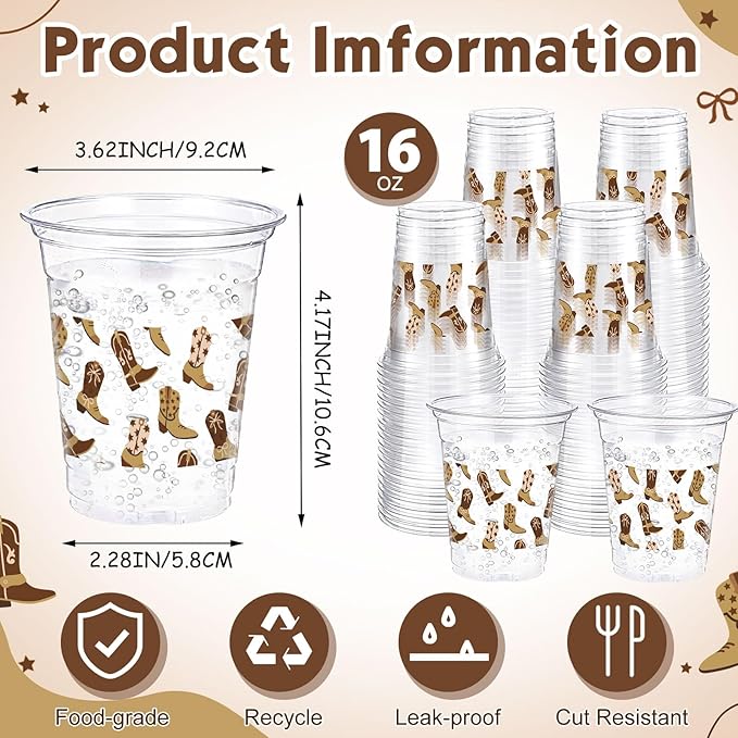 100 Pcs Western Plastic Cups 12 oz Clear Disposable Plastic Cowboy Cowgirl Drinking Cups Bulk for Boho Preppy Baby Shower Birthday Wild West Party Decoration Supplies(Cowboy Shoes,Brown)