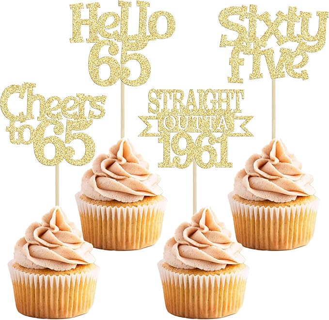 Ephlyn 24Pcs 65th Birthday Cupcake Toppers Glitter Straight Outta 1961 Cupcake Picks Hello 65 Cheers to 65 Years Cake Decorations for 65th Birthday Anniversary Party Decorations Supplies Gold