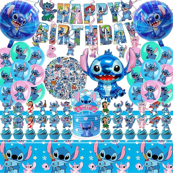 Stitch Party Supplies, 102 PCS Birthday Decorations Set Include Banner, Balloons, Stickers, Hanging Swirls, Cake Cupcake Toppers, Tablecloth for Boys Girls Stitch Theme Party
