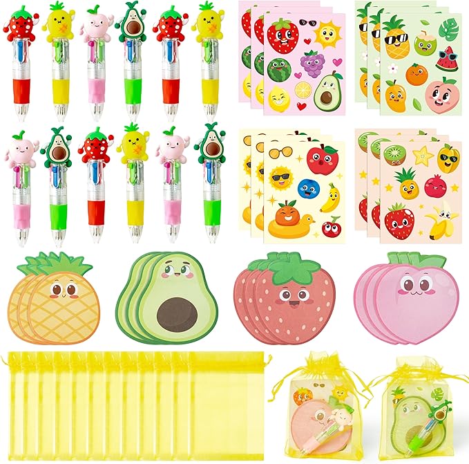 CY2SIDE Fruit Stationery Party Gift - 12 Pack Fruit Stationery Gifts Set Include 4-in-1 Ballpoint Pens Sticky Notes Stickers and Organza Tutti Party Favors Goodie Bag Fillers for School Rewards