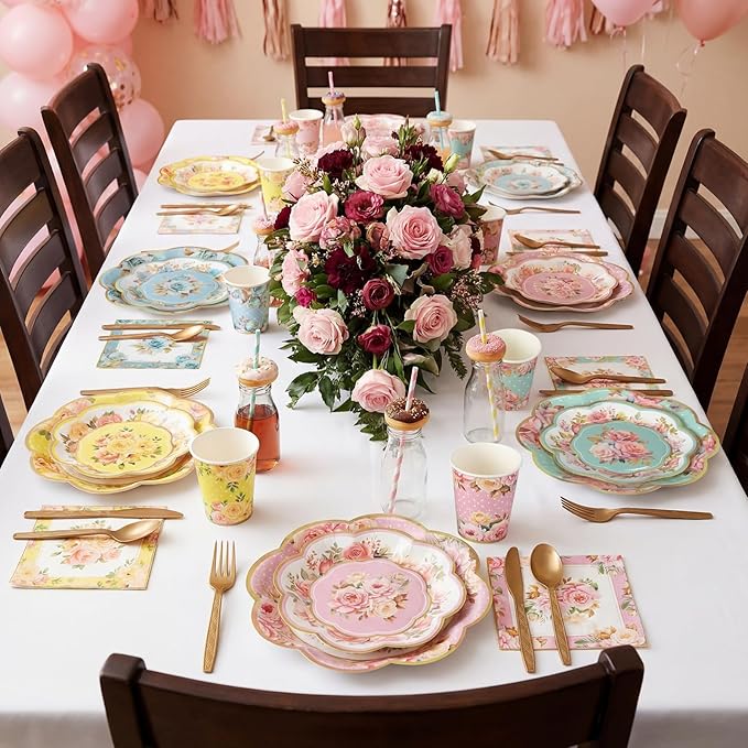 350 Pcs Tea Party Supplies Spring Summer Tableware Set Disposable Plates Napkins Paper Cups Plastic Cutlery Set For Birthday Bridal Baby Shower Serves 50 (Floral,Multicolor)