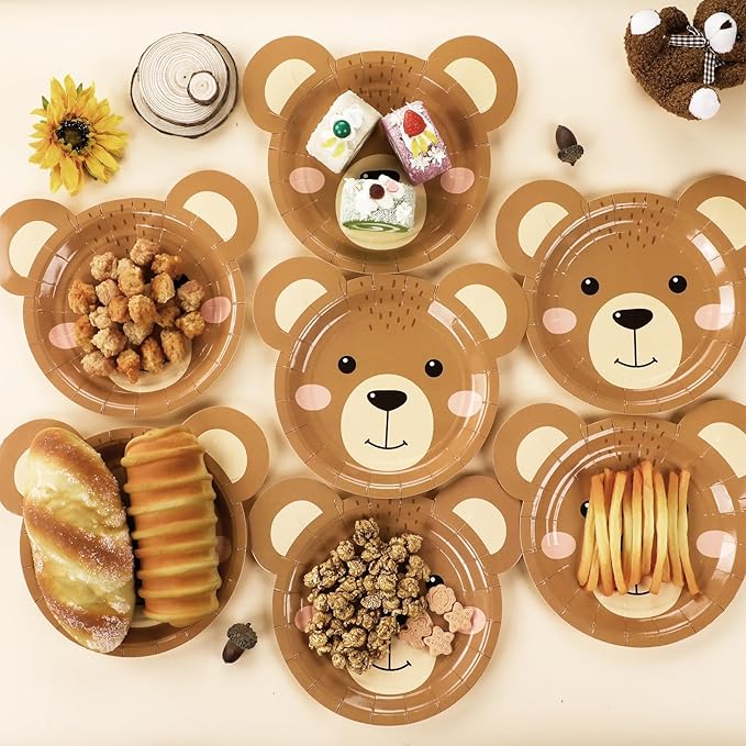 50 Count Bear Paper Plates Bear Shaped Disposable Cake Plates Brown Theme First Birthday Tableware Teddy for Gender Reveal Boy Girl Baby Shower Birthday Party Decorations