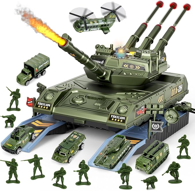 Army Tank Toys for Boys 3 4 5 6 7 8 Years Old, Military Toys Playset with 6 Mini Die-Cast Cars Helicopter & 10 Army Men Toy Soldiers, Kids Christmas Birthday Gifts Present for Boys Age 3+